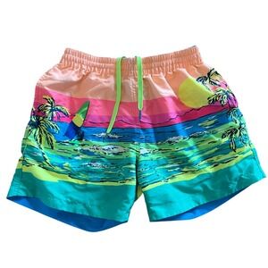 Chubbies Reversible Swim Trunks Mens Small Neon Tropical Sunset Blue Shorts